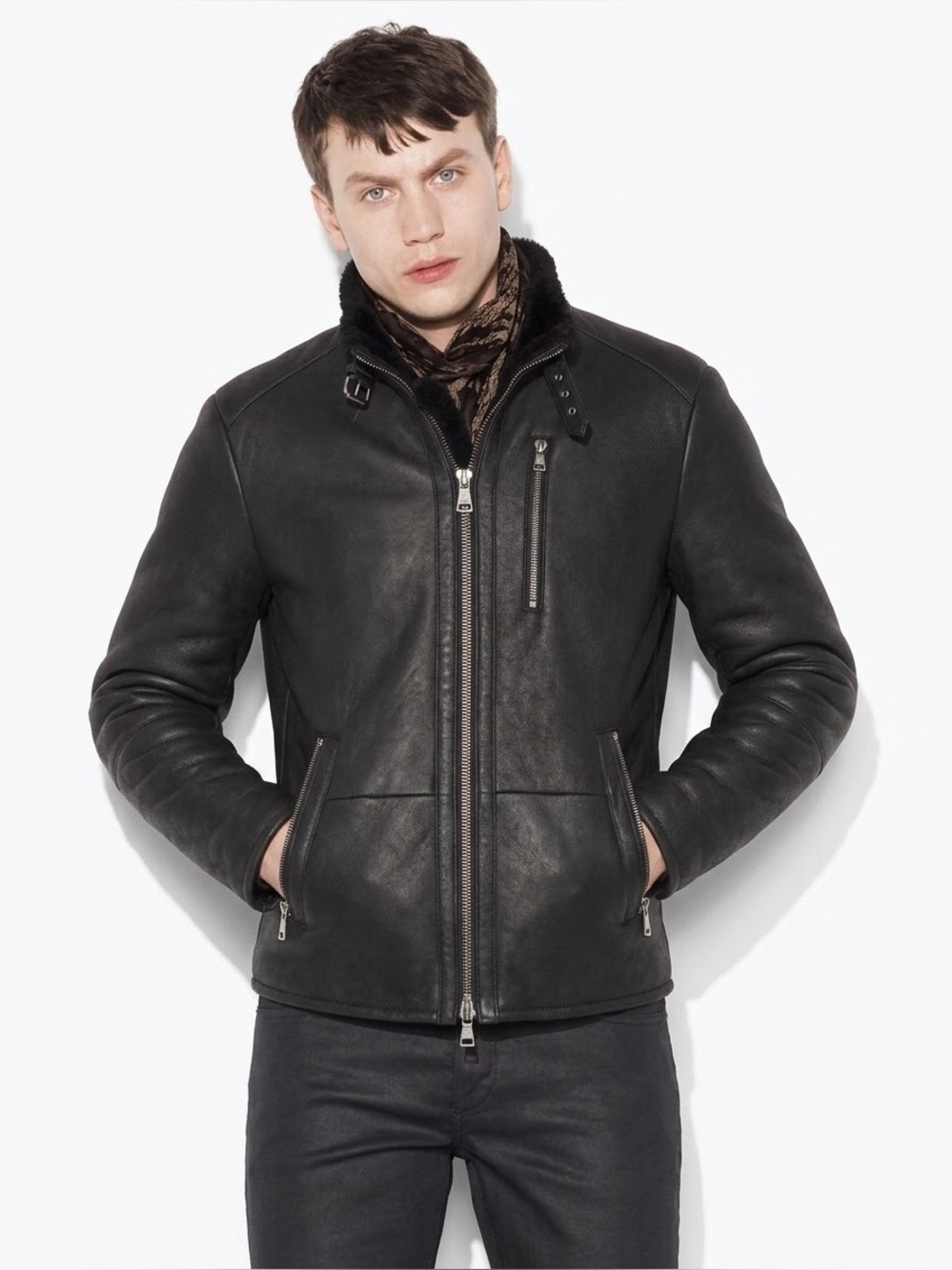 John Varvatos Collection Buckled Dual Backzips Shearling Jacket USA 40 EU 50